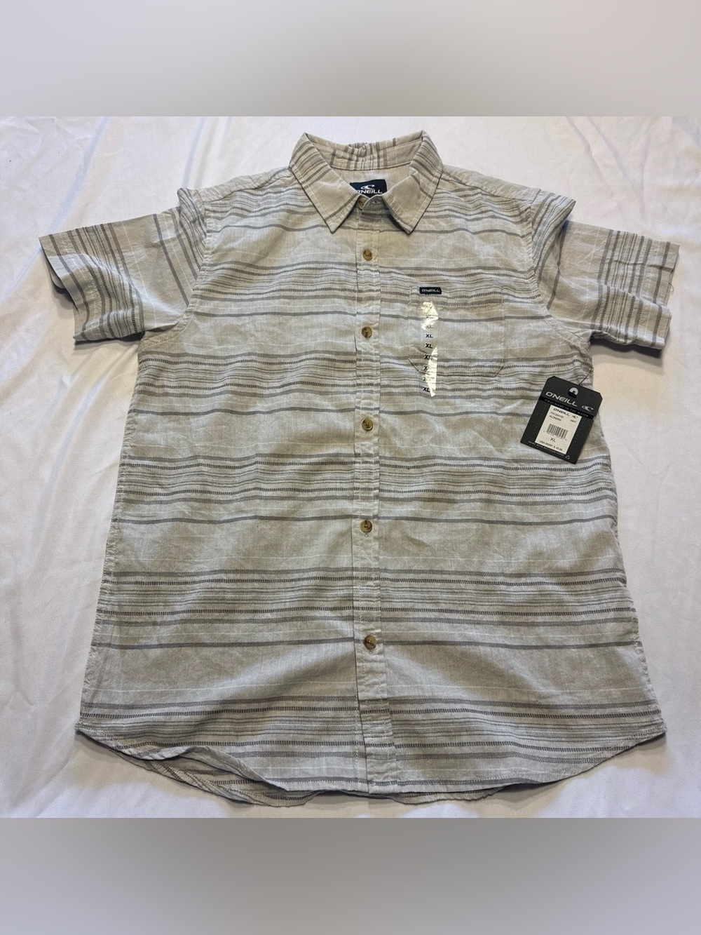 O'Neill Short Sleeve Button-Down Shirt in Light Gray and Dark Gray Stripes